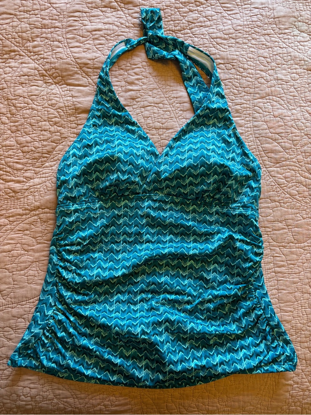 L.L. Bean Teal and Aqua Chevron Halter Tankini Top